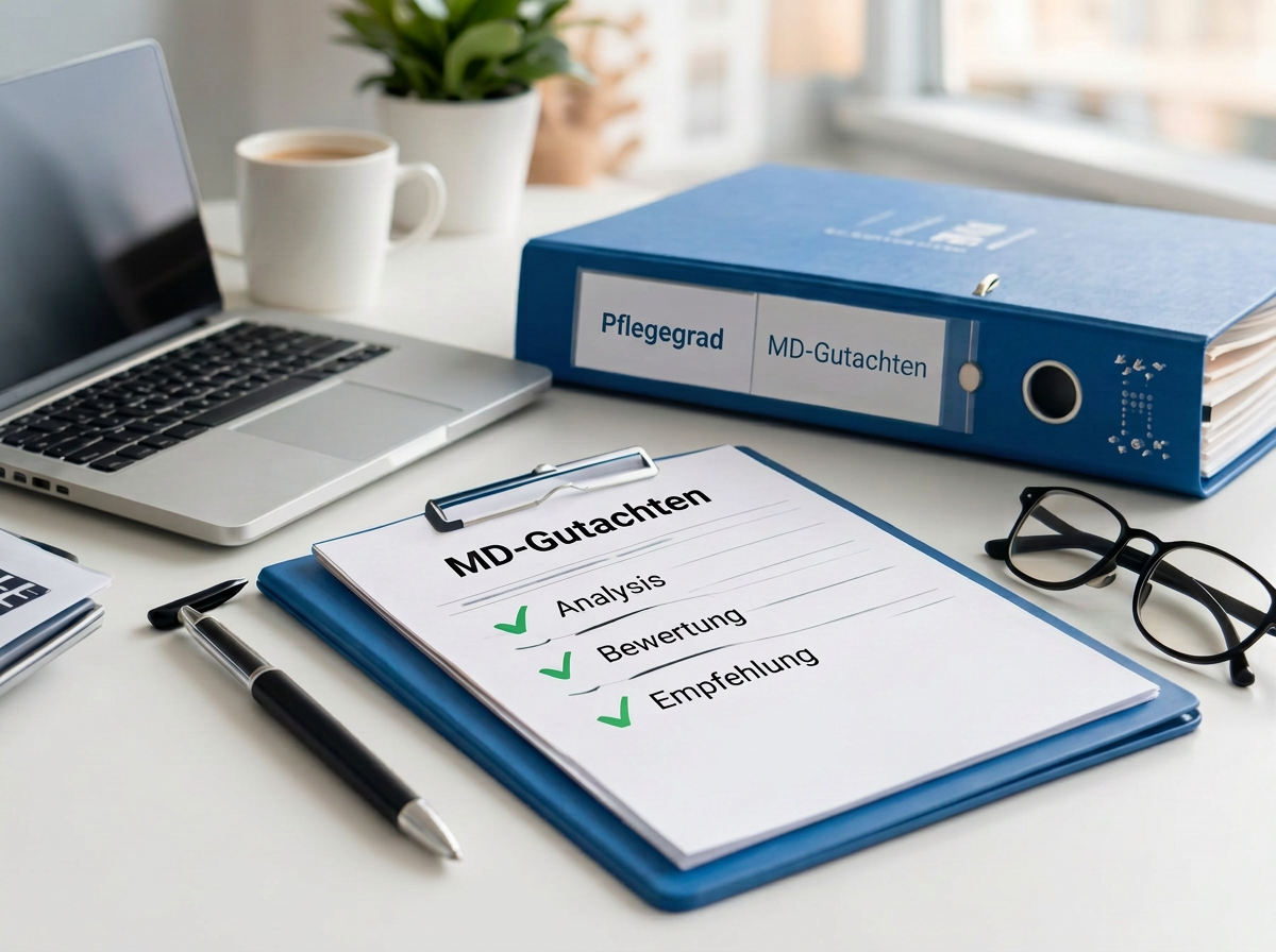 MD-Gutachten Checkliste mit Analysis, Bewertung und Empfehlung auf einem Klemmbrett